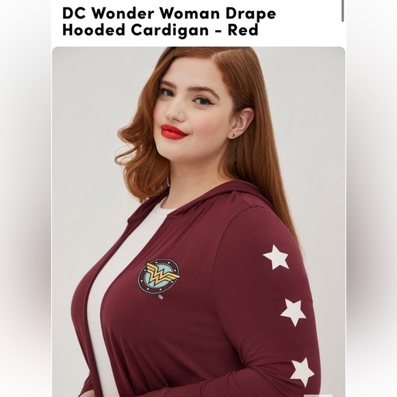 Torrid DC Comics Wonder Woman Drape Hooded Cardigan - Burgundy size 6X Plus - Picture 4 of 8